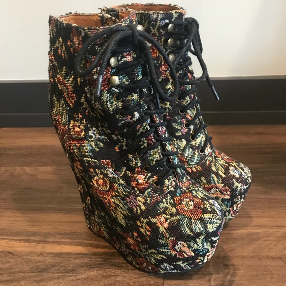 Jeffrey Campbell tapestry wedge booties